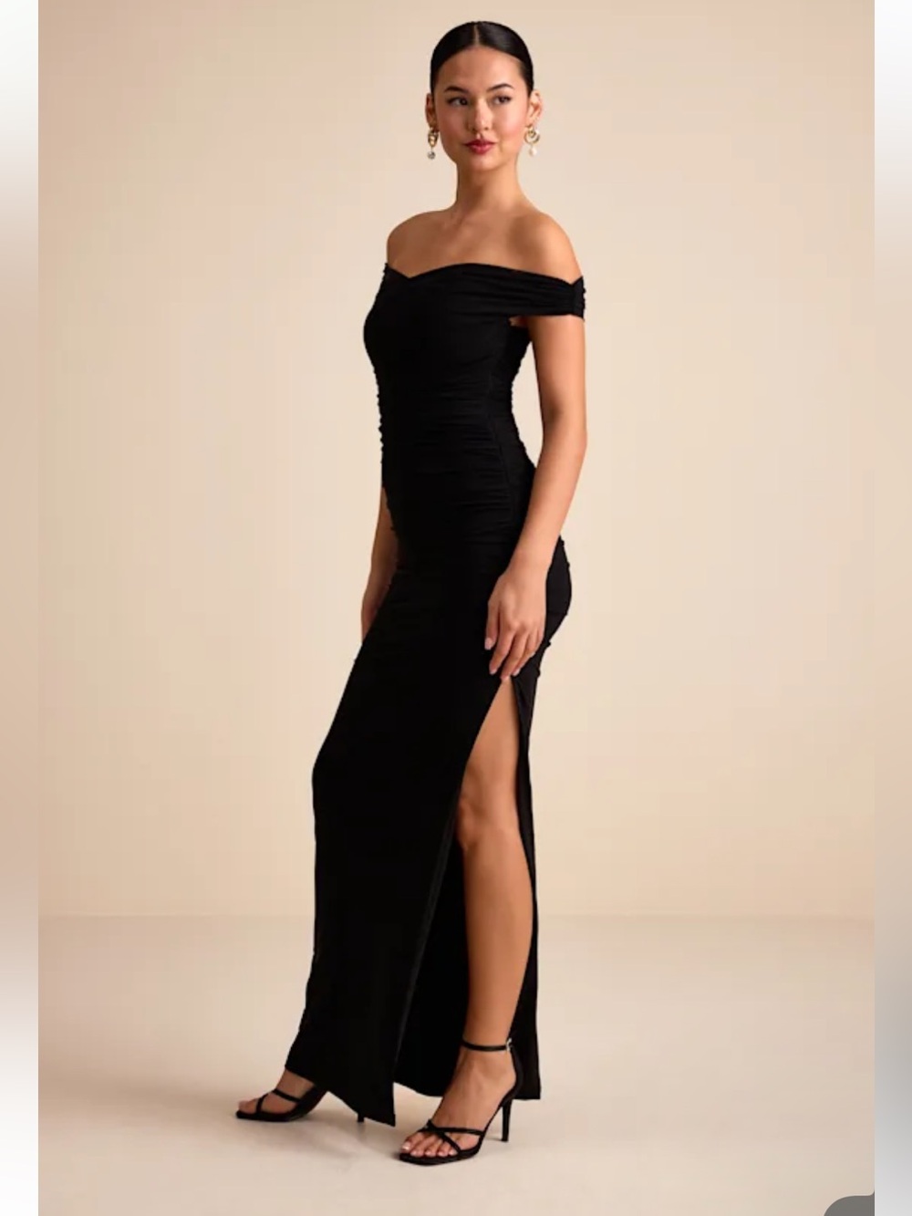 NWT Lulus Scotia Black Mesh Ruched Off-the-Shoulder Maxi Dress FLAWED ZIPPER